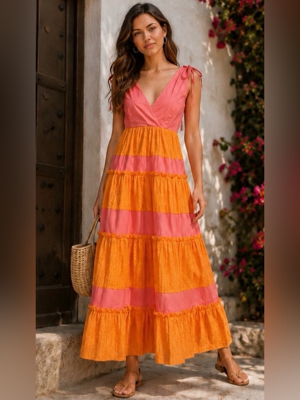 NWT LTD Daphne Dress midi pink orange tiered bohemian Colorblock pockets Rtl 219